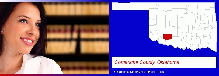 a young, female attorney in a law library; Comanche County, Oklahoma highlighted in red on a map