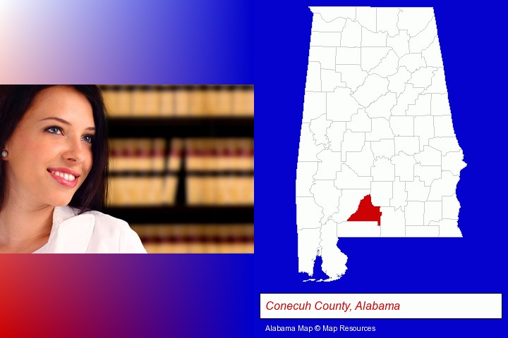 a young, female attorney in a law library; Conecuh County, Alabama highlighted in red on a map