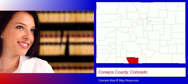 a young, female attorney in a law library; Conejos County, Colorado highlighted in red on a map