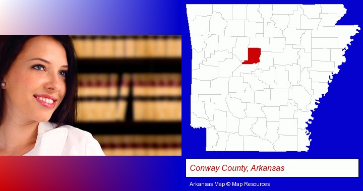 a young, female attorney in a law library; Conway County, Arkansas highlighted in red on a map