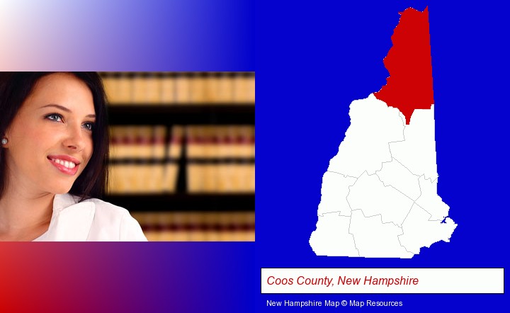 a young, female attorney in a law library; Coos County, New Hampshire highlighted in red on a map