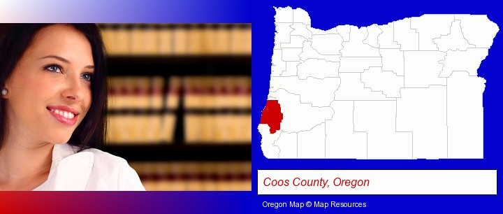 a young, female attorney in a law library; Coos County, Oregon highlighted in red on a map