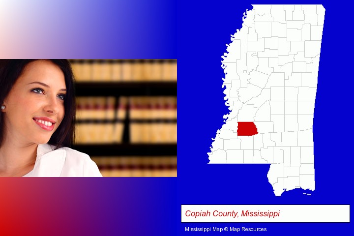 a young, female attorney in a law library; Copiah County, Mississippi highlighted in red on a map