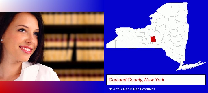 a young, female attorney in a law library; Cortland County, New York highlighted in red on a map