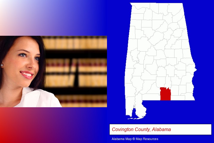 a young, female attorney in a law library; Covington County, Alabama highlighted in red on a map