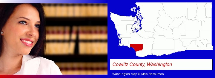 a young, female attorney in a law library; Cowlitz County, Washington highlighted in red on a map