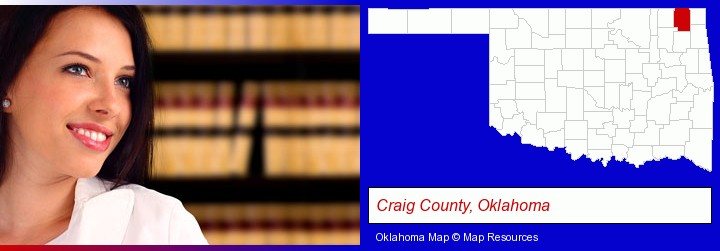 a young, female attorney in a law library; Craig County, Oklahoma highlighted in red on a map
