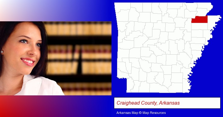a young, female attorney in a law library; Craighead County, Arkansas highlighted in red on a map