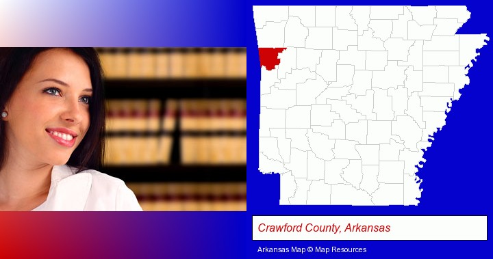 a young, female attorney in a law library; Crawford County, Arkansas highlighted in red on a map
