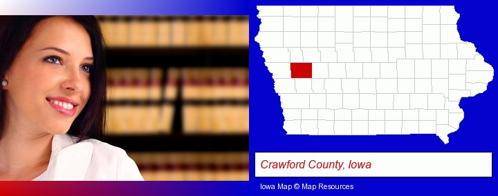 a young, female attorney in a law library; Crawford County, Iowa highlighted in red on a map