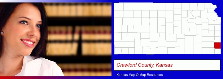 a young, female attorney in a law library; Crawford County, Kansas highlighted in red on a map