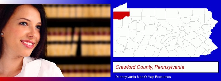 a young, female attorney in a law library; Crawford County, Pennsylvania highlighted in red on a map