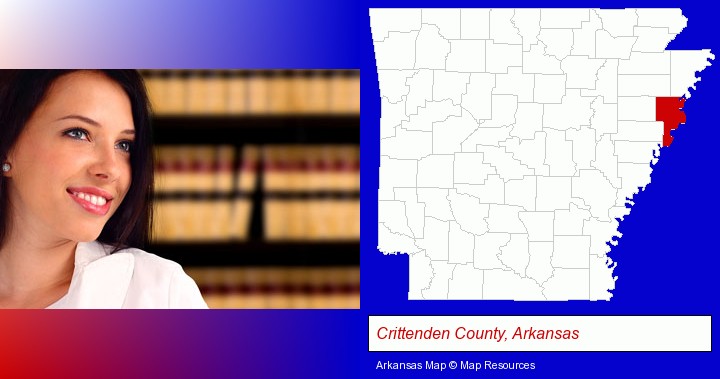 a young, female attorney in a law library; Crittenden County, Arkansas highlighted in red on a map
