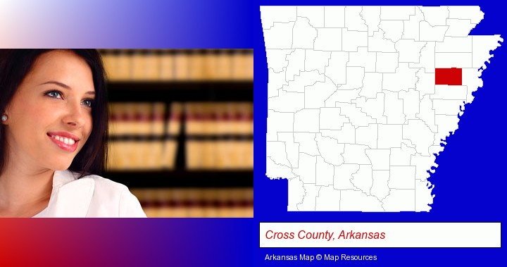a young, female attorney in a law library; Cross County, Arkansas highlighted in red on a map