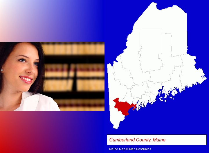a young, female attorney in a law library; Cumberland County, Maine highlighted in red on a map