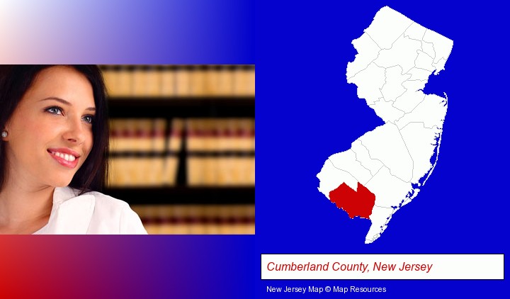 a young, female attorney in a law library; Cumberland County, New Jersey highlighted in red on a map