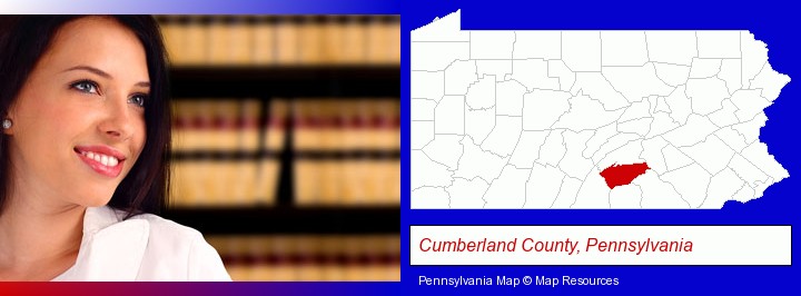 a young, female attorney in a law library; Cumberland County, Pennsylvania highlighted in red on a map