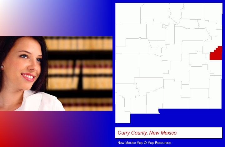 a young, female attorney in a law library; Curry County, New Mexico highlighted in red on a map