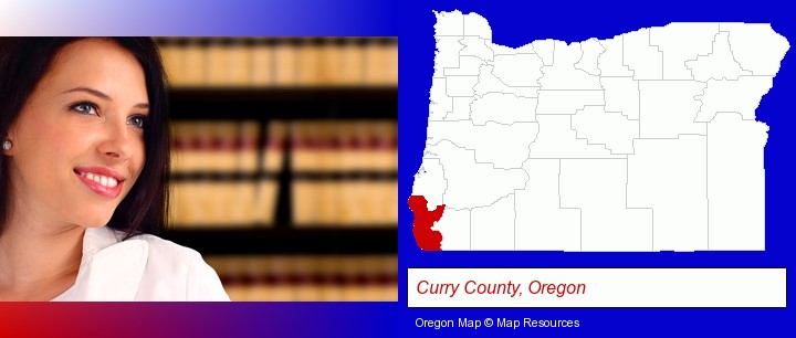 a young, female attorney in a law library; Curry County, Oregon highlighted in red on a map