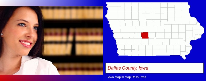 a young, female attorney in a law library; Dallas County, Iowa highlighted in red on a map