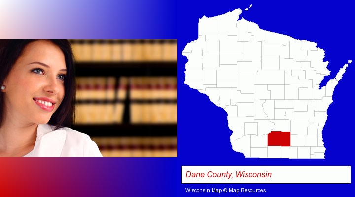 a young, female attorney in a law library; Dane County, Wisconsin highlighted in red on a map