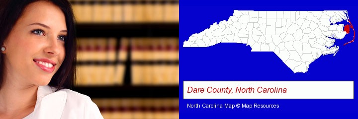a young, female attorney in a law library; Dare County, North Carolina highlighted in red on a map