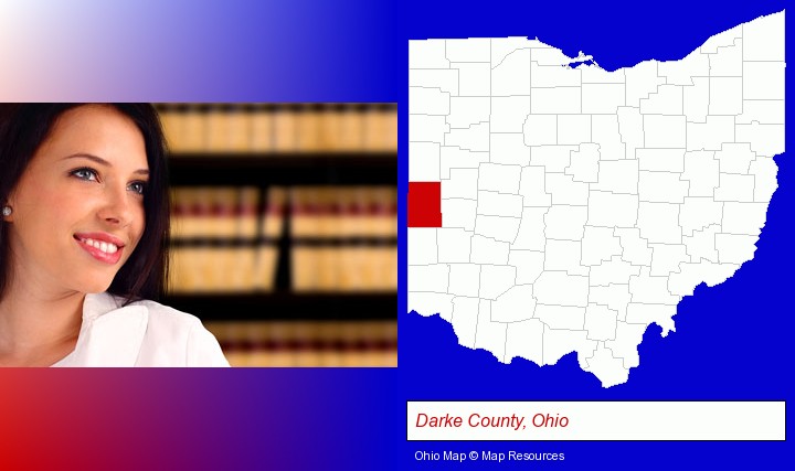 a young, female attorney in a law library; Darke County, Ohio highlighted in red on a map