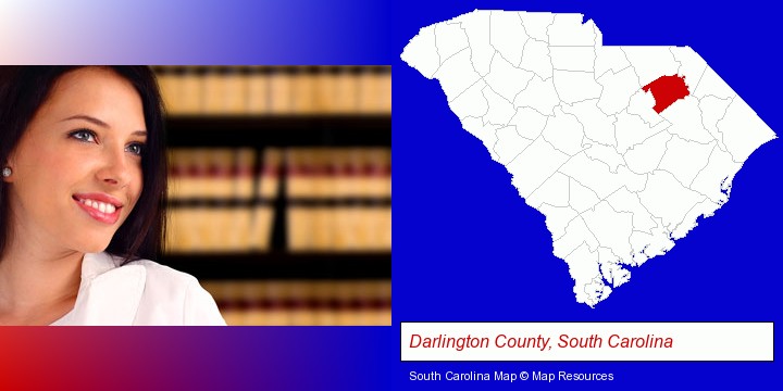 a young, female attorney in a law library; Darlington County, South Carolina highlighted in red on a map