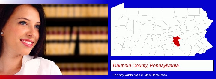 a young, female attorney in a law library; Dauphin County, Pennsylvania highlighted in red on a map