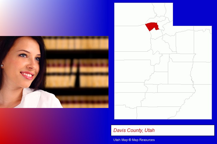a young, female attorney in a law library; Davis County, Utah highlighted in red on a map