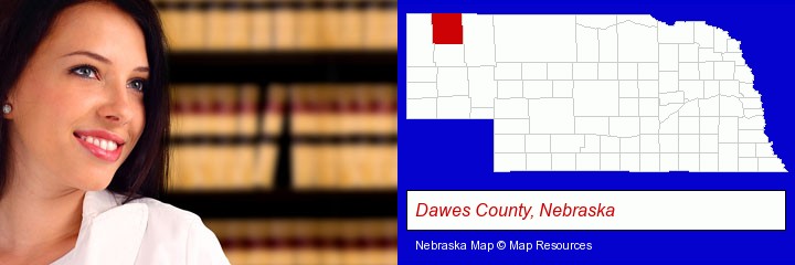 a young, female attorney in a law library; Dawes County, Nebraska highlighted in red on a map