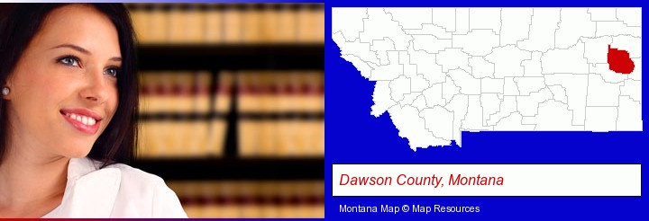 a young, female attorney in a law library; Dawson County, Montana highlighted in red on a map