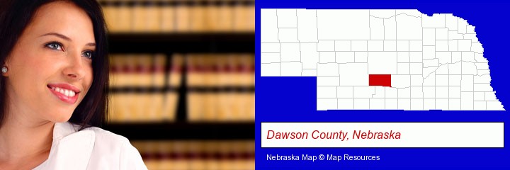 a young, female attorney in a law library; Dawson County, Nebraska highlighted in red on a map
