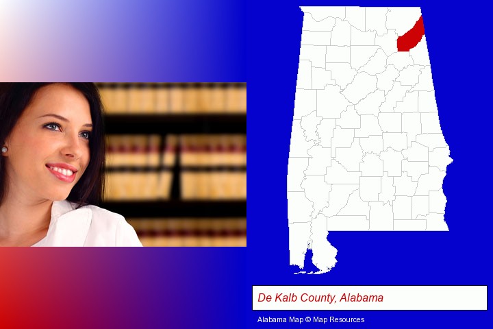 a young, female attorney in a law library; De Kalb County, Alabama highlighted in red on a map