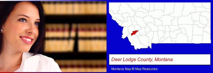a young, female attorney in a law library; Deer Lodge County, Montana highlighted in red on a map