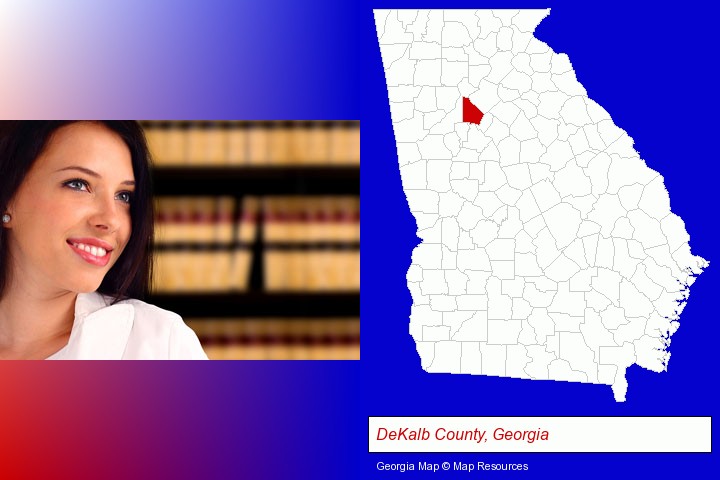 a young, female attorney in a law library; DeKalb County, Georgia highlighted in red on a map