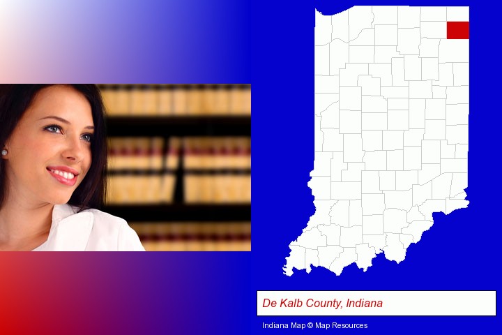 a young, female attorney in a law library; De Kalb County, Indiana highlighted in red on a map