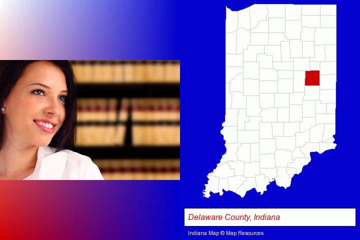 a young, female attorney in a law library; Delaware County, Indiana highlighted in red on a map