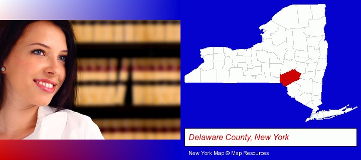 a young, female attorney in a law library; Delaware County, New York highlighted in red on a map