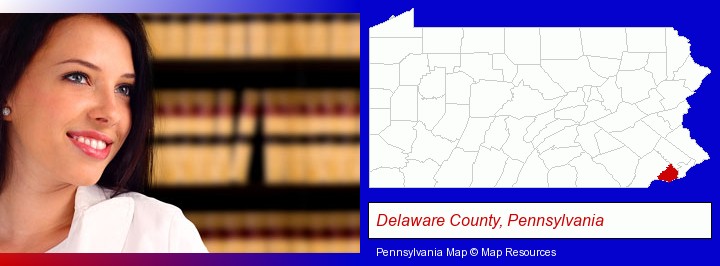 a young, female attorney in a law library; Delaware County, Pennsylvania highlighted in red on a map