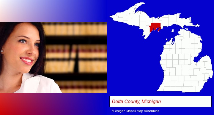 a young, female attorney in a law library; Delta County, Michigan highlighted in red on a map