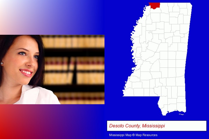a young, female attorney in a law library; Desoto County, Mississippi highlighted in red on a map