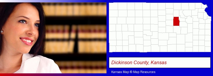 a young, female attorney in a law library; Dickinson County, Kansas highlighted in red on a map