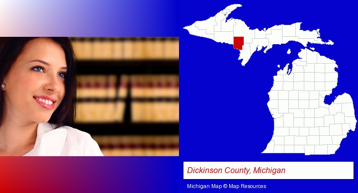 a young, female attorney in a law library; Dickinson County, Michigan highlighted in red on a map