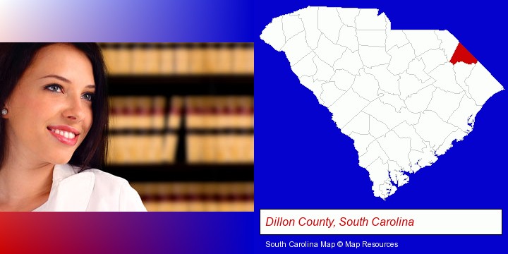 a young, female attorney in a law library; Dillon County, South Carolina highlighted in red on a map