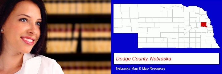 a young, female attorney in a law library; Dodge County, Nebraska highlighted in red on a map