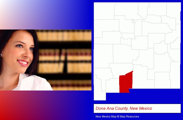 a young, female attorney in a law library; Dona Ana County, New Mexico highlighted in red on a map