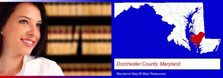 a young, female attorney in a law library; Dorchester County, Maryland highlighted in red on a map