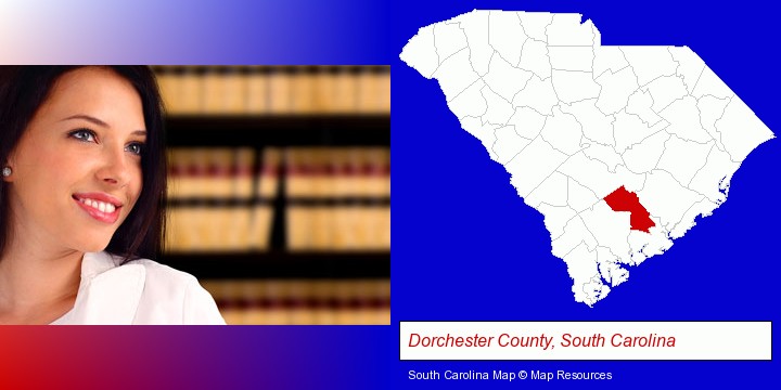 a young, female attorney in a law library; Dorchester County, South Carolina highlighted in red on a map