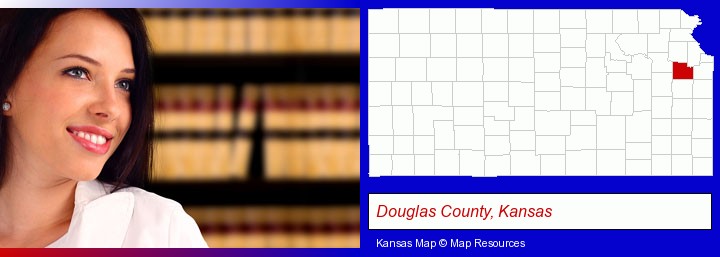 a young, female attorney in a law library; Douglas County, Kansas highlighted in red on a map